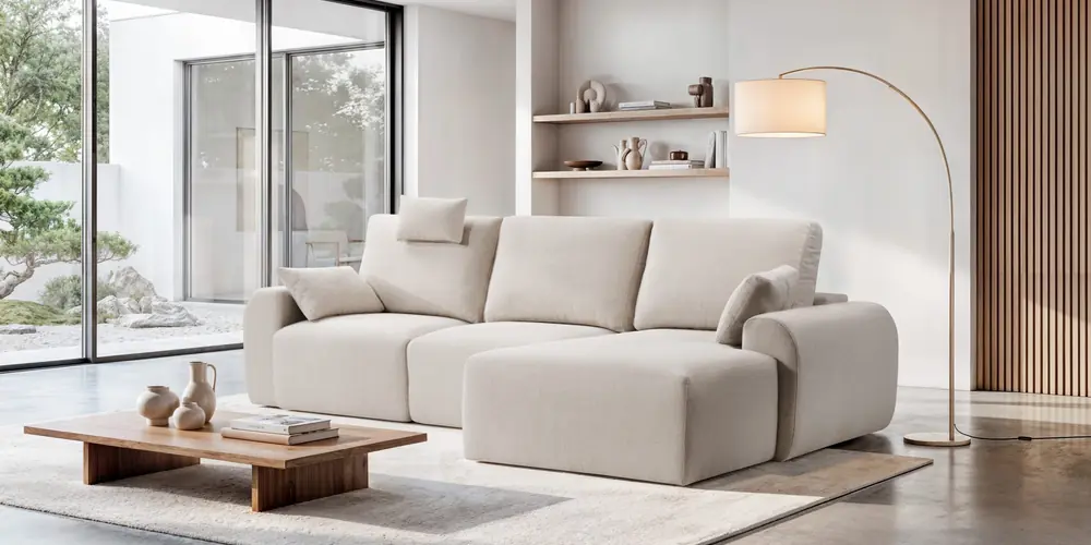 sofá modelo dune en color blanco para un salón comedor amplio con cristalera mesa de centro y una lámpara con pared color blanco roto